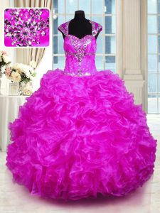 Vintage Floor Length Ball Gowns Cap Sleeves Fuchsia Sweet 16 Dresses Lace Up