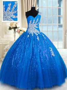 Charming One Shoulder Tulle and Sequined Sleeveless Floor Length Sweet 16 Quinceanera Dress and Appliques