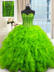 Spectacular Sleeveless Organza Floor Length Lace Up 15th Birthday Dress in with Beading and Ruffles and Sequins