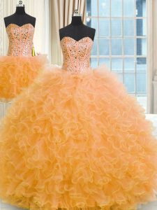 Custom Design Three Piece Ball Gowns Sweet 16 Dresses Orange Strapless Tulle Sleeveless Floor Length Lace Up
