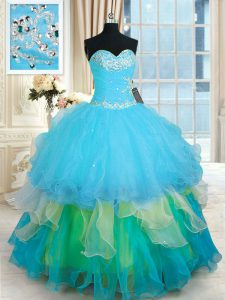 Beautiful Multi-color Organza Lace Up Vestidos de Quinceanera Sleeveless Floor Length Beading and Ruffled Layers