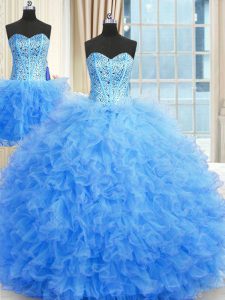 Three Piece Baby Blue Tulle Lace Up Quinceanera Gown Sleeveless Floor Length Beading and Ruffles