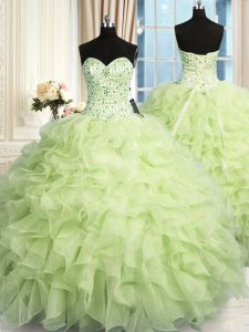 Fashion Yellow Green Sleeveless Beading and Ruffles Floor Length Sweet 16 Dresses