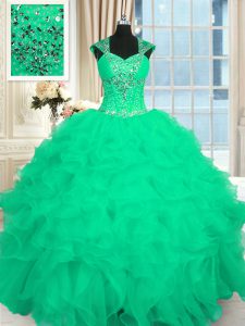 Shining Turquoise Organza Lace Up 15th Birthday Dress Cap Sleeves Floor Length Beading and Ruffles and Pattern