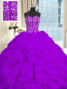 Decent Eggplant Purple Sweetheart Lace Up Beading and Ruffles Quinceanera Gowns Brush Train Sleeveless