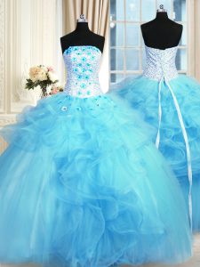 Baby Blue Lace Up Vestidos de Quinceanera Pick Ups and Hand Made Flower Sleeveless Floor Length