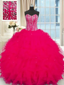 Cute Coral Red Ball Gowns Strapless Sleeveless Organza Floor Length Lace Up Beading and Ruffles Quinceanera Dresses
