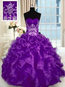 Purple Lace Up Sweetheart Beading and Appliques and Ruffles Sweet 16 Dress Organza Sleeveless
