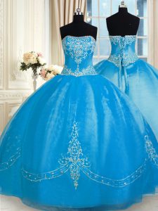 Baby Blue Strapless Neckline Embroidery Quinceanera Dresses Sleeveless Lace Up