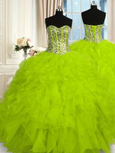Graceful Yellow Green Ball Gowns Sweetheart Sleeveless Organza Floor Length Lace Up Beading and Ruffles Ball Gown Prom Dress