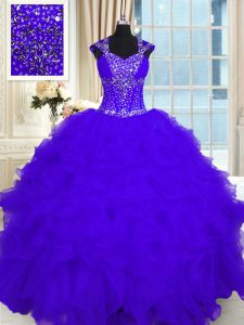 New Style Straps Cap Sleeves Quinceanera Dress Floor Length Beading and Ruffles Purple Organza