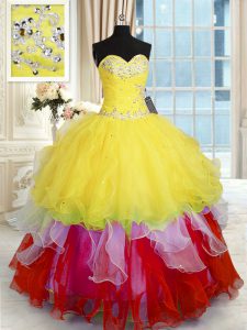 Simple Sleeveless Floor Length Beading and Ruffles Lace Up Ball Gown Prom Dress with Multi-color