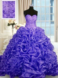 Organza Sweetheart Sleeveless Sweep Train Lace Up Beading and Pick Ups Sweet 16 Dresses in Purple
