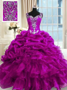 Classical Fuchsia Lace Up Ball Gown Prom Dress Beading and Ruffles and Pick Ups Sleeveless Floor Length