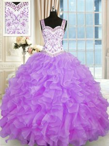 Fancy Lilac 15 Quinceanera Dress Military Ball and Sweet 16 and Quinceanera with Beading and Appliques and Ruffles Sweetheart Sleeveless Lace Up