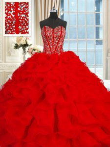 Designer Red Sweet 16 Dress Military Ball and Sweet 16 and Quinceanera with Beading and Ruffles Sweetheart Sleeveless Brush Train Lace Up