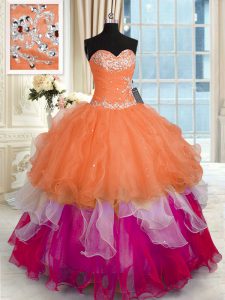 Multi-color Lace Up 15th Birthday Dress Beading and Ruffled Layers Sleeveless Floor Length