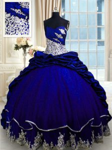 Dynamic Taffeta Sweetheart Sleeveless Brush Train Lace Up Beading and Appliques and Pick Ups Quinceanera Dresses in Royal Blue