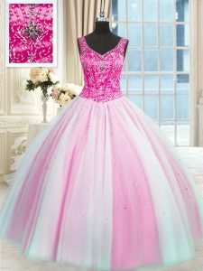 Floor Length Baby Pink and Pink And White Quinceanera Gowns V-neck Sleeveless Lace Up