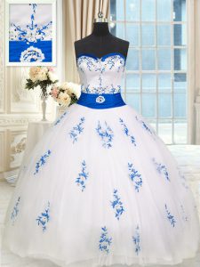 Spectacular White Tulle Lace Up Sweetheart Sleeveless Floor Length Sweet 16 Dress Appliques and Belt