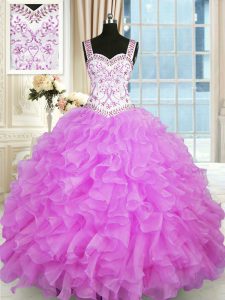 Hot Sale Lilac Organza Lace Up Straps Sleeveless Floor Length 15 Quinceanera Dress Beading and Ruffles