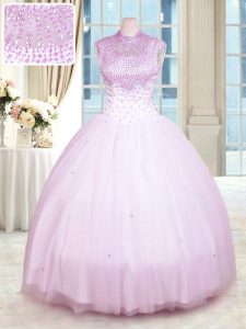 Lilac Ball Gowns High-neck Sleeveless Tulle Floor Length Zipper Beading Vestidos de Quinceanera
