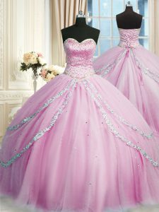 Flirting Lilac Ball Gowns Beading and Appliques Sweet 16 Dress Lace Up Tulle Sleeveless With Train