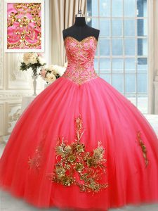 Fashionable Sleeveless Floor Length Beading and Appliques and Embroidery Lace Up Sweet 16 Dresses with Coral Red