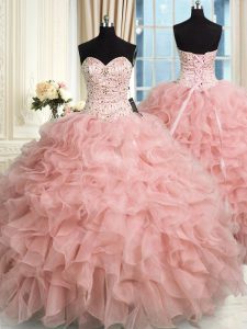 High Quality Sleeveless Organza Floor Length Lace Up Sweet 16 Quinceanera Dress in Baby Pink with Beading and Ruffles