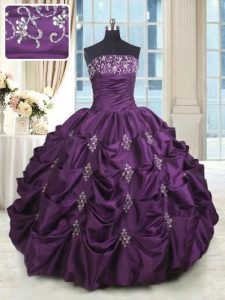 New Arrival Dark Purple Ball Gowns Strapless Sleeveless Taffeta Floor Length Lace Up Beading and Appliques and Embroidery and Pick Ups Quinceanera Dresses