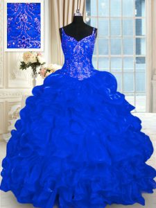 Enchanting Sleeveless Beading and Embroidery and Ruffles and Pick Ups Lace Up Ball Gown Prom Dress with Royal Blue Brush Train