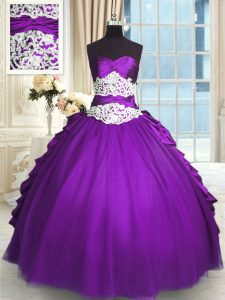 Luxury Sweetheart Sleeveless Quinceanera Dresses Floor Length Beading and Lace and Ruching and Pick Ups Purple Taffeta