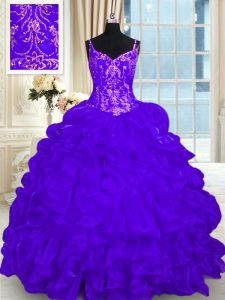 Purple Ball Gowns Organza Spaghetti Straps Sleeveless Beading and Embroidery and Ruffles and Pick Ups Lace Up 15th Birthday Dress Brush Train