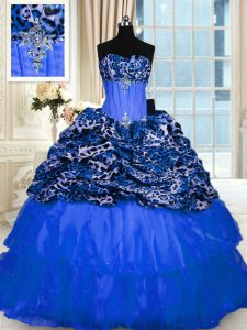 Sexy Sequins Strapless Sleeveless Lace Up Quinceanera Dress Blue Organza and Printed