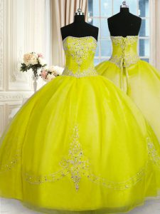 Customized Strapless Sleeveless Lace Up Sweet 16 Quinceanera Dress Yellow Green Organza