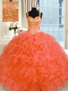 Orange Red Ball Gowns Organza Straps Sleeveless Embroidery and Ruffles Floor Length Lace Up Sweet 16 Quinceanera Dress
