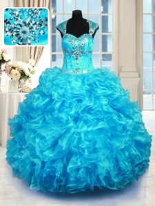 Glamorous Aqua Blue Cap Sleeves Organza Lace Up Sweet 16 Quinceanera Dress for Military Ball and Sweet 16 and Quinceanera