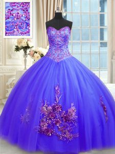 Sleeveless Floor Length Embroidery Lace Up Ball Gown Prom Dress with Blue