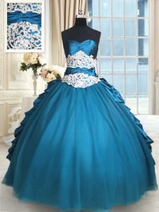 Pretty Floor Length Lace Up Quinceanera Dress Teal for Military Ball and Sweet 16 and Quinceanera with Beading and Lace and Appliques and Ruching