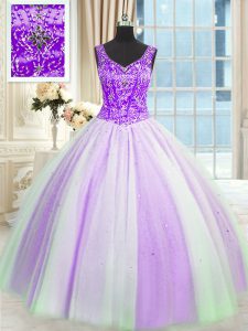 Best Selling White And Purple Sleeveless Floor Length Beading and Sequins Lace Up Quince Ball Gowns