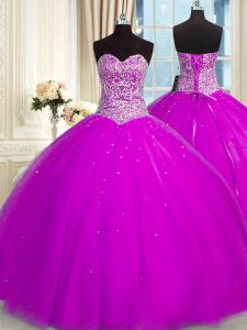 Organza Sweetheart Sleeveless Lace Up Beading and Sequins Vestidos de Quinceanera in Fuchsia