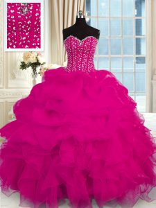 Artistic Ball Gowns Sweet 16 Quinceanera Dress Fuchsia Sweetheart Organza Sleeveless Floor Length Lace Up