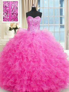 Sexy Hot Pink Tulle Lace Up Vestidos de Quinceanera Sleeveless Floor Length Beading and Ruffles