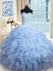 Light Blue Sweetheart Lace Up Beading and Ruffles and Sequins 15 Quinceanera Dress Sleeveless