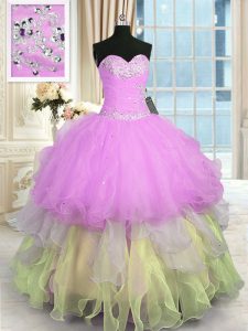 Colorful Sleeveless Organza Floor Length Lace Up Sweet 16 Dress in Multi-color with Appliques and Ruffled Layers