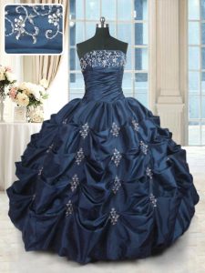 Navy Blue Taffeta Lace Up Strapless Sleeveless Floor Length Sweet 16 Dress Beading and Pick Ups