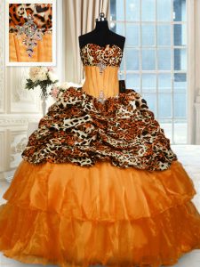 Superior Printed Lace Up Quinceanera Dress Orange for Military Ball and Sweet 16 and Quinceanera with Beading and Ruffled Layers Sweep Train