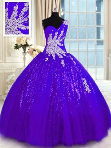 Superior Purple Sweet 16 Dress Military Ball and Sweet 16 and Quinceanera with Appliques One Shoulder Sleeveless Lace Up