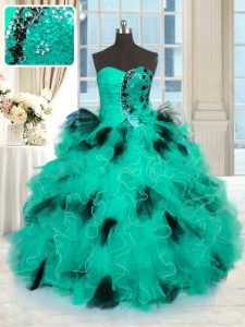 Floor Length Turquoise Quince Ball Gowns Tulle Sleeveless Beading and Ruffles