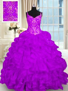 Purple Ball Gowns Beading and Embroidery and Ruffles Sweet 16 Quinceanera Dress Lace Up Organza Sleeveless